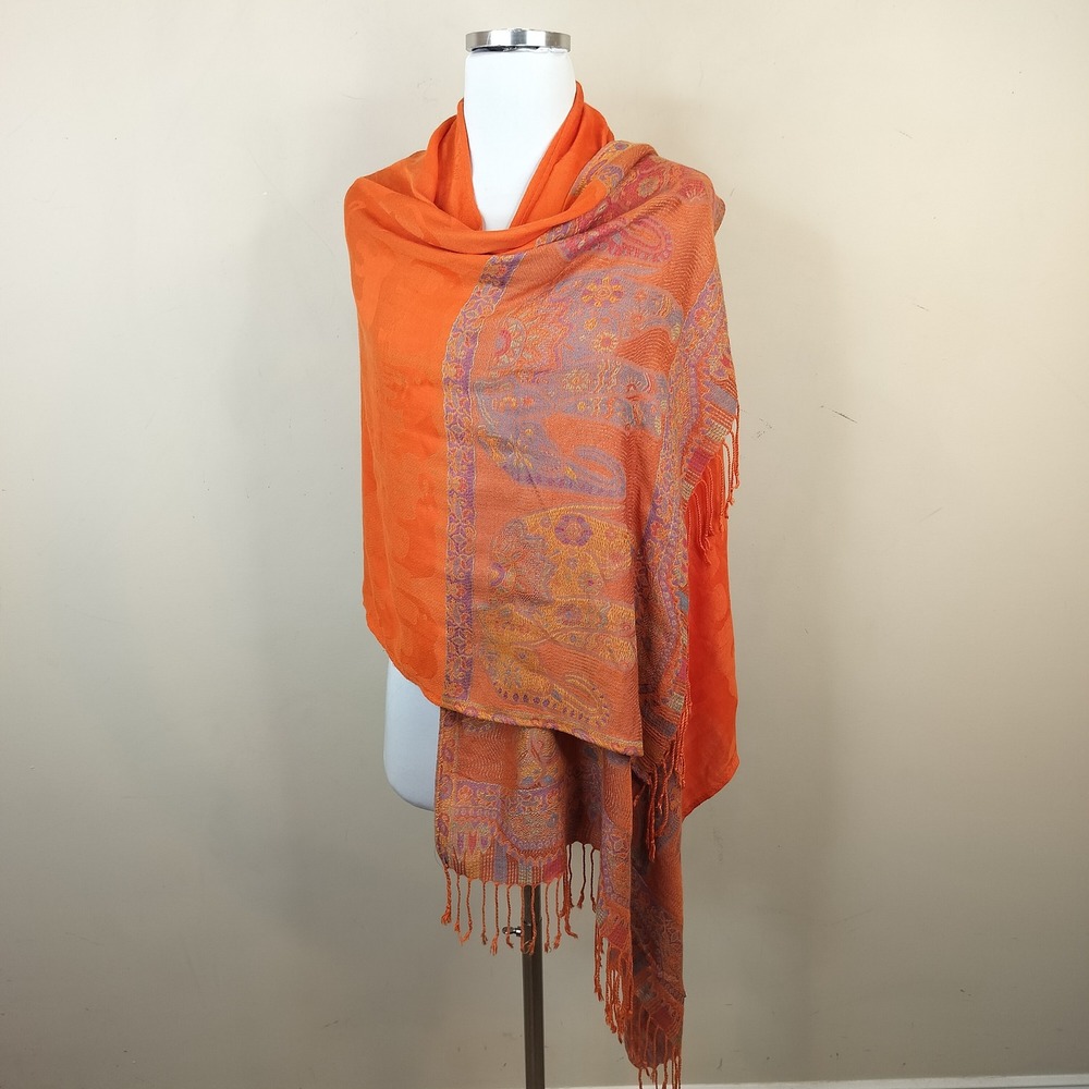 Jamawar Shawl Wrap Scarf Elephant Paisley Orange Women's Boho Bohemian 26x70